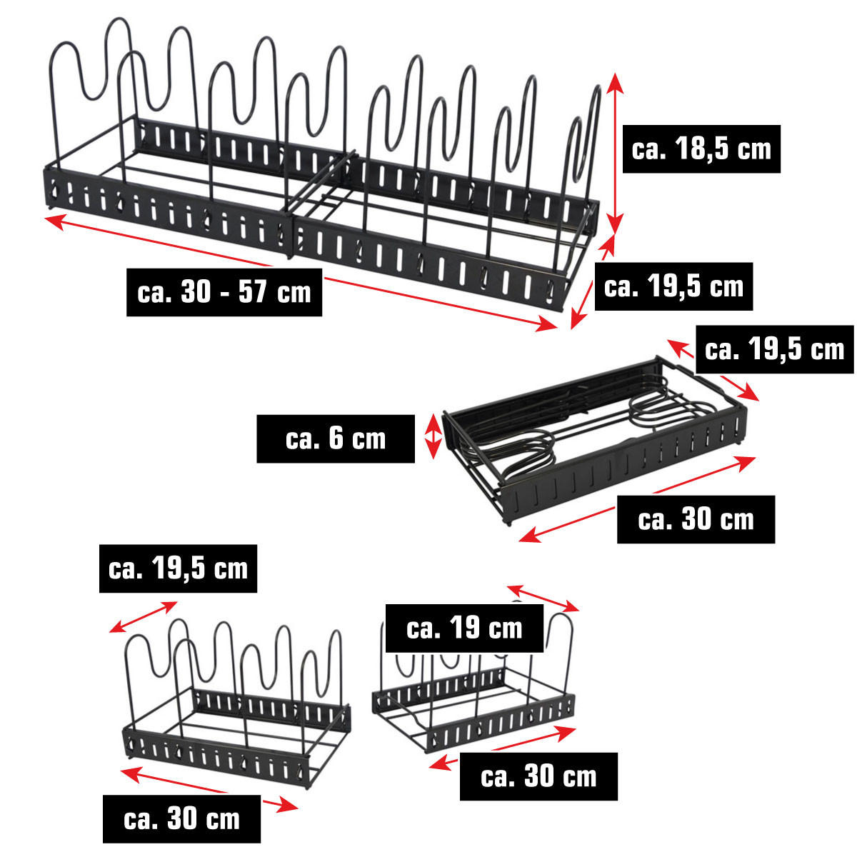 TOPFREGAL 30-57 cm Ausziehbar mit 7 Fächern - Schwarz, Metall (19.5/18.5/57cm) - MAKLIK