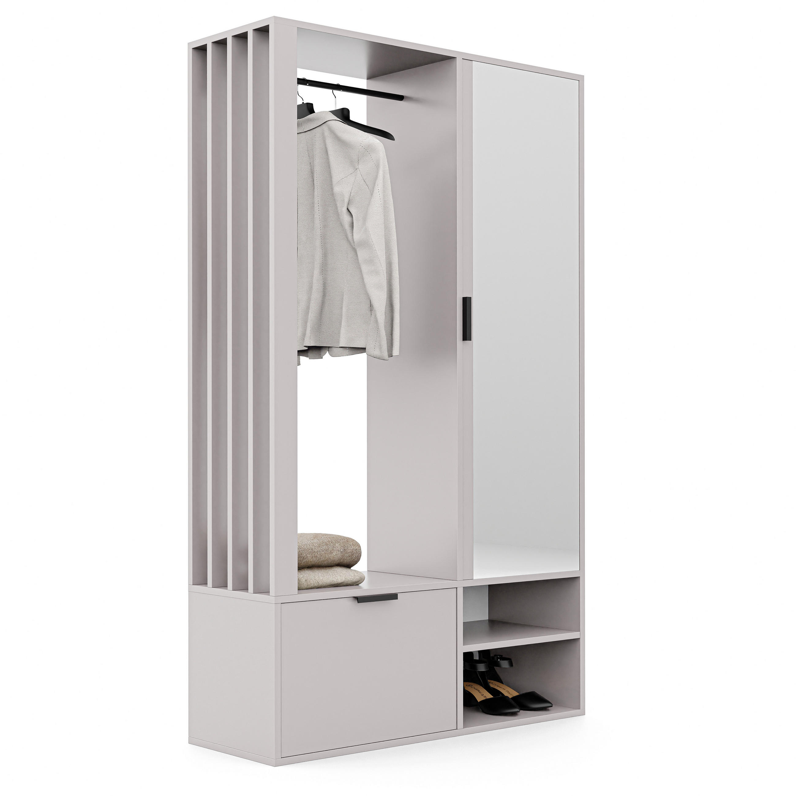 GARDEROBENSCHRANK mit Spiegel-mit Ablagen und Kleiderstange - Beige, Holzwerkstoff (100/190/33cm) - Idohome