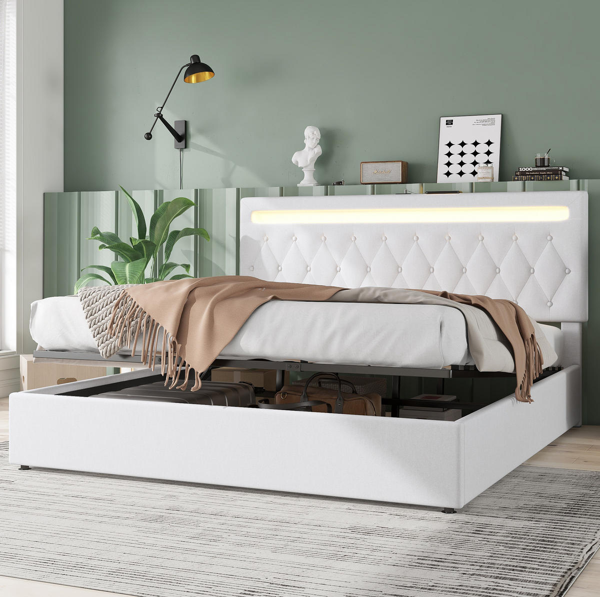 ČALÚNENÁ posteľ 180/200 cm biela s úložným priestorom LED osvetlením a USB z ľanu a MDF - biela, textil (180/200cm) - OKWISH
