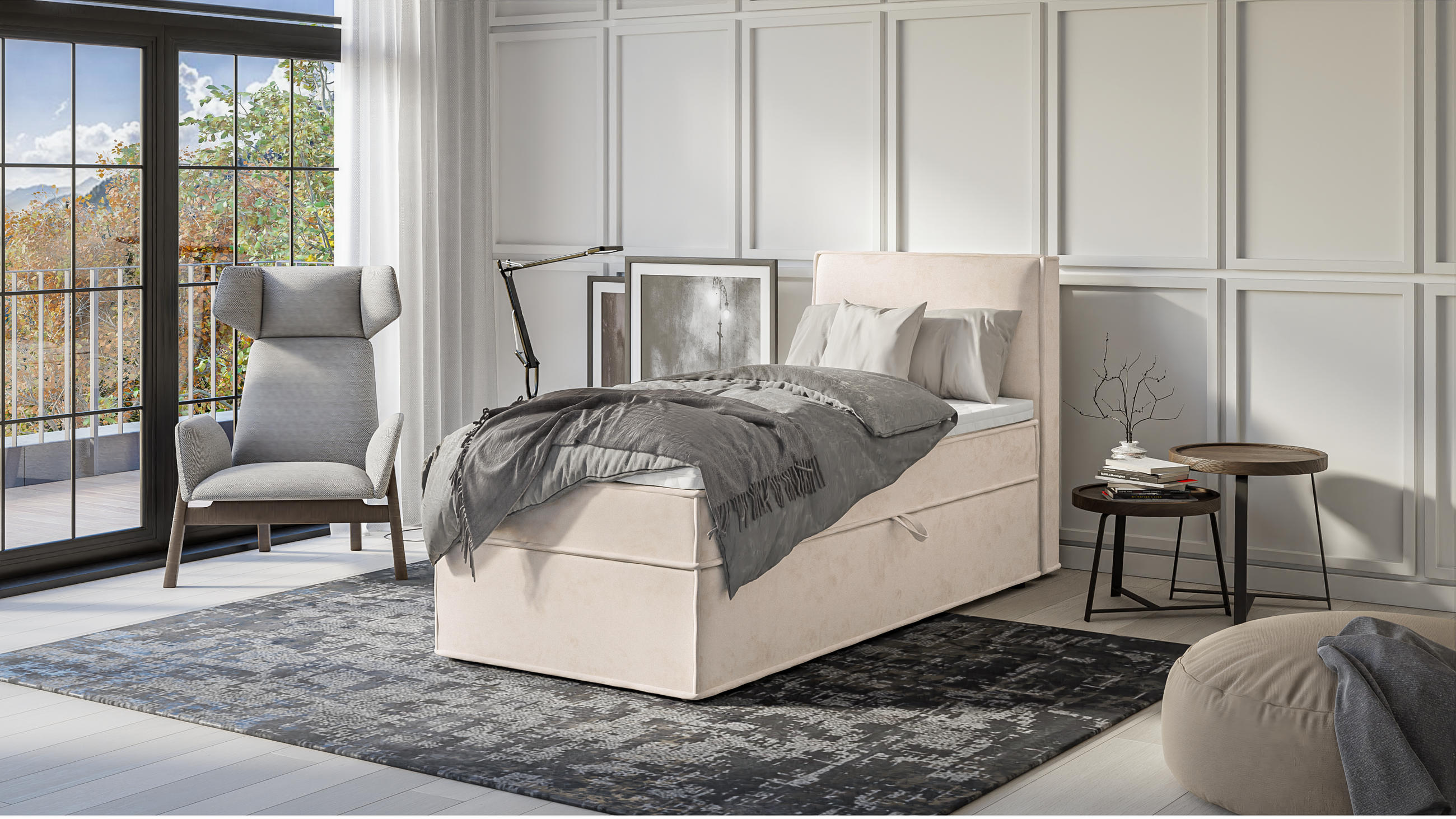 BOXBETT Eclipse 90/200 cm Beige Luxusmicrofaser - Beige/Schwarz, Holz/Kunststoff (90/200cm) - S-Style Möbel