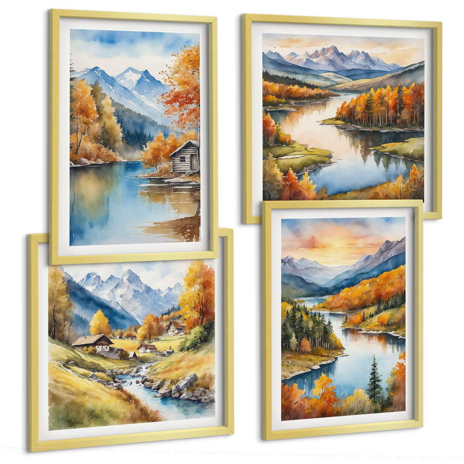 BILDER SET 4er Set - 50x50 cm & 40x60 cm Goldrahmen - Herbstliche Berge, Flusshütte - Goldfarben, Kunststoff (50/50cm) - TULUP