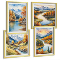 BILDER SET 4er Set - 50x50 cm & 40x60 cm Goldrahmen - Herbstliche Berge, Flusshütte - Goldfarben, Kunststoff (50/50cm) - TULUP