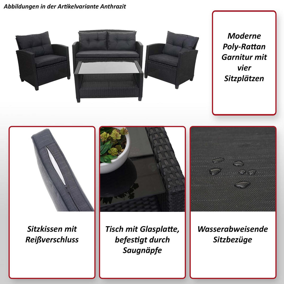 XXL POLY-RATTAN GARNITUR 4-TLG Anthrazit - Anthrazit, Kunststoff - MCW