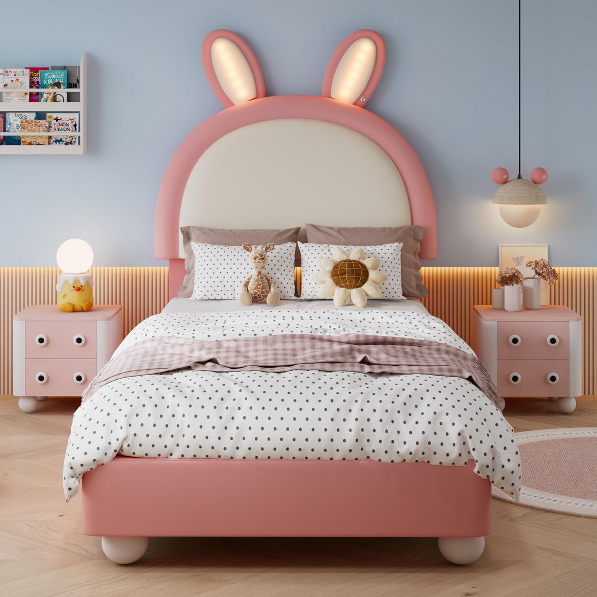 KINDERBETT 90/200 cm DE-02234, in Rosa, mit Hasen-Kopfteil und LED - Pink, Holzwerkstoff (90/200cm) - ComfortXL