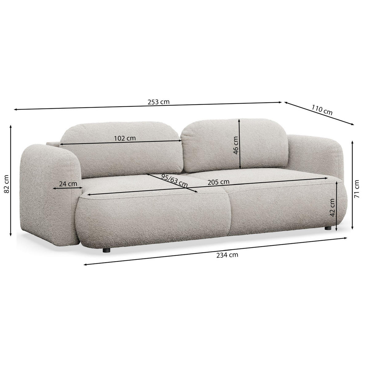 3-SITZER SCHLAFSOFA Tvoya Hellbeige Bouclé - Ecru/Schwarz, Kunststoff/Textil (253/82/110cm) - Selsey