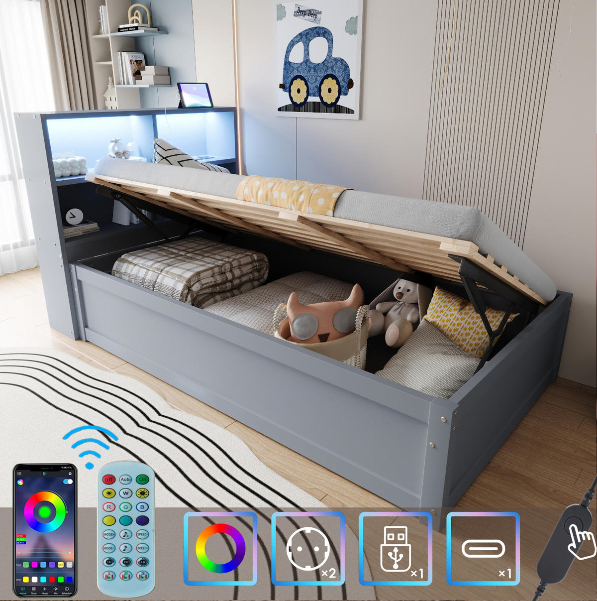 BETT 90/200 cm Grau aus Holz mit LED-Lichtleiste - Grau, Holz (90/200cm) - OKMYHOME