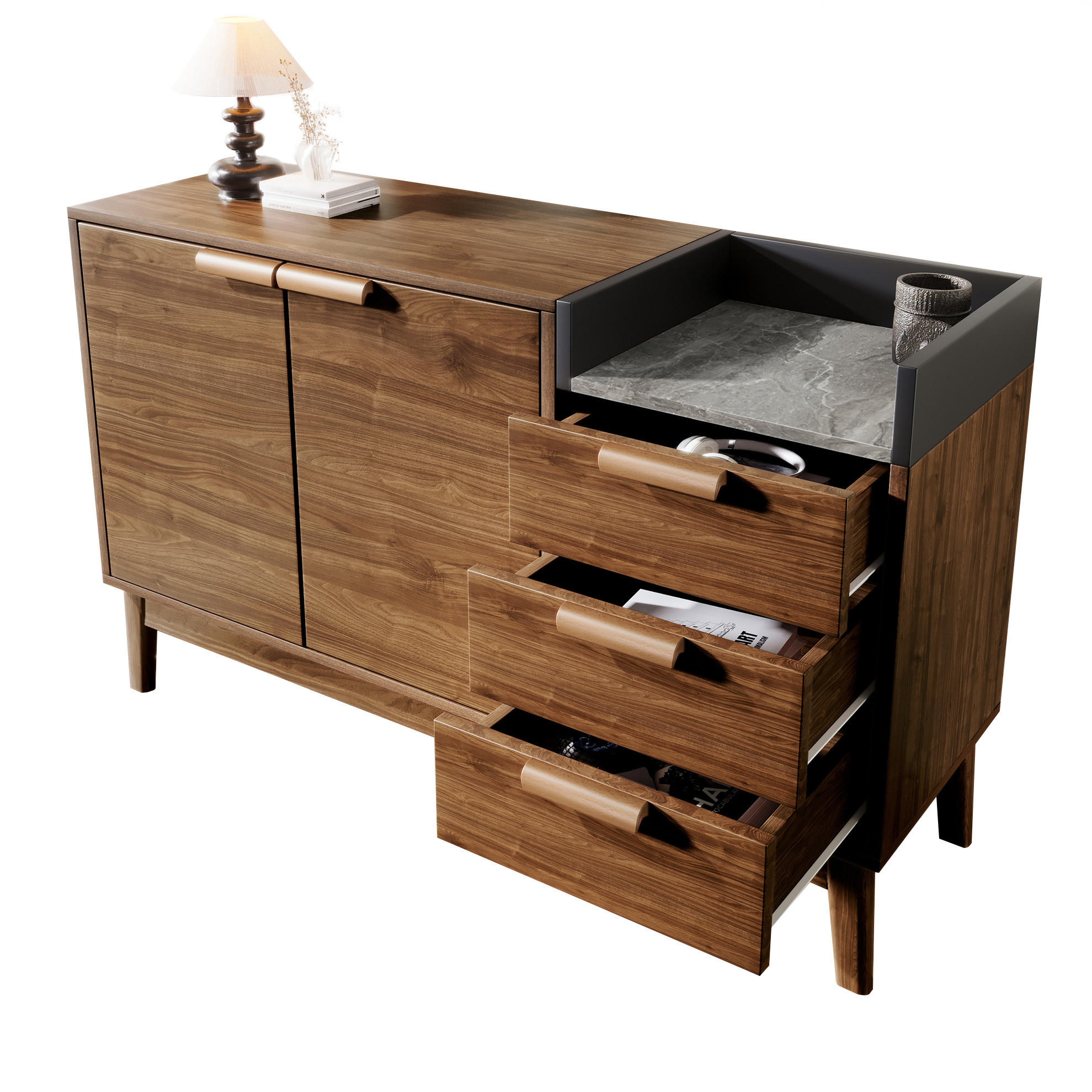 SIDEBOARD 120/40/77 cm mit 3 Schubladen & 2 Türen in Eiche- und Marmor-Optik - Eichefarben, Holzwerkstoff (120/77/40cm) - BEAOK