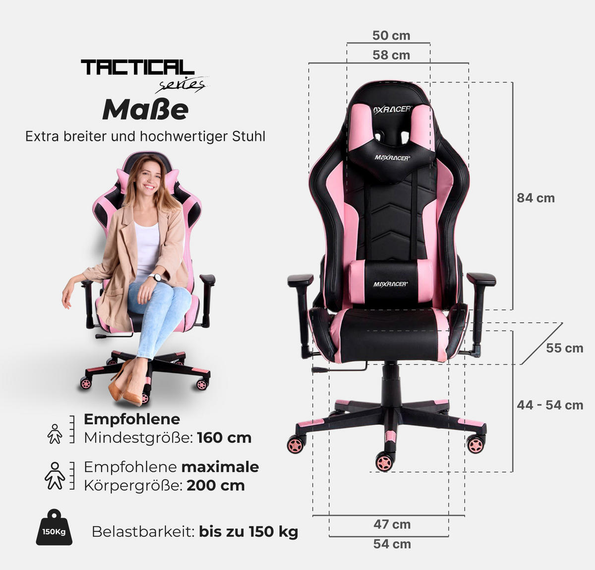 GAMING-BÜROSTUHL TACTICAL Schwarz Rosa - Pink/Schwarz, Kunststoff/Metall (55/137/50cm) - MaxPodium