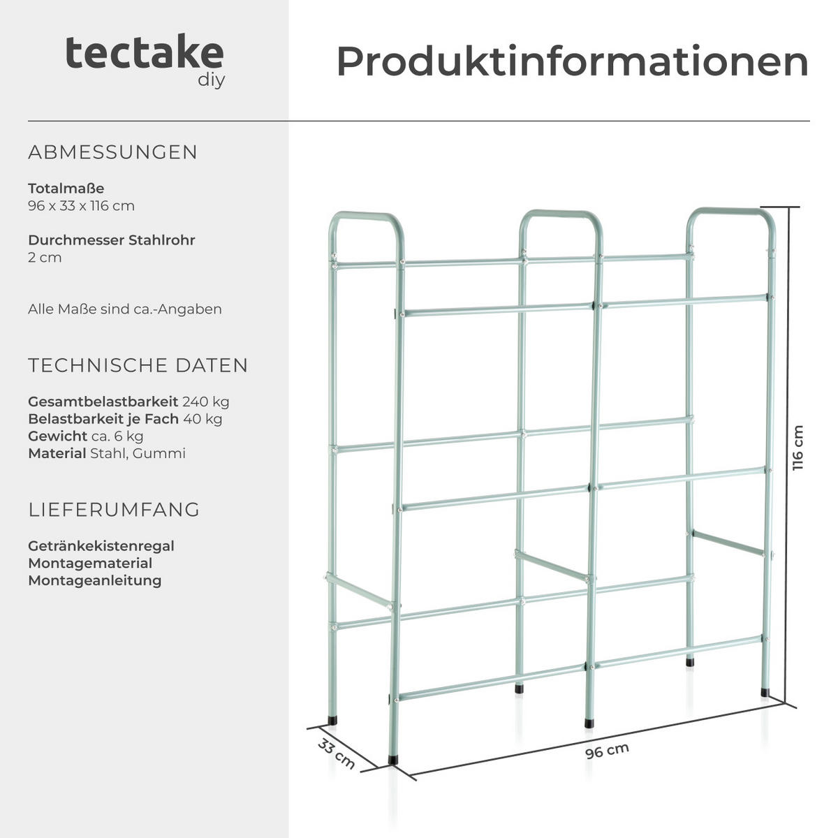 GETRÄNKEKISTENREGAL ,96 x 33 x 116 cm,grau - Grau, Metall (33/116/96cm) - tectake