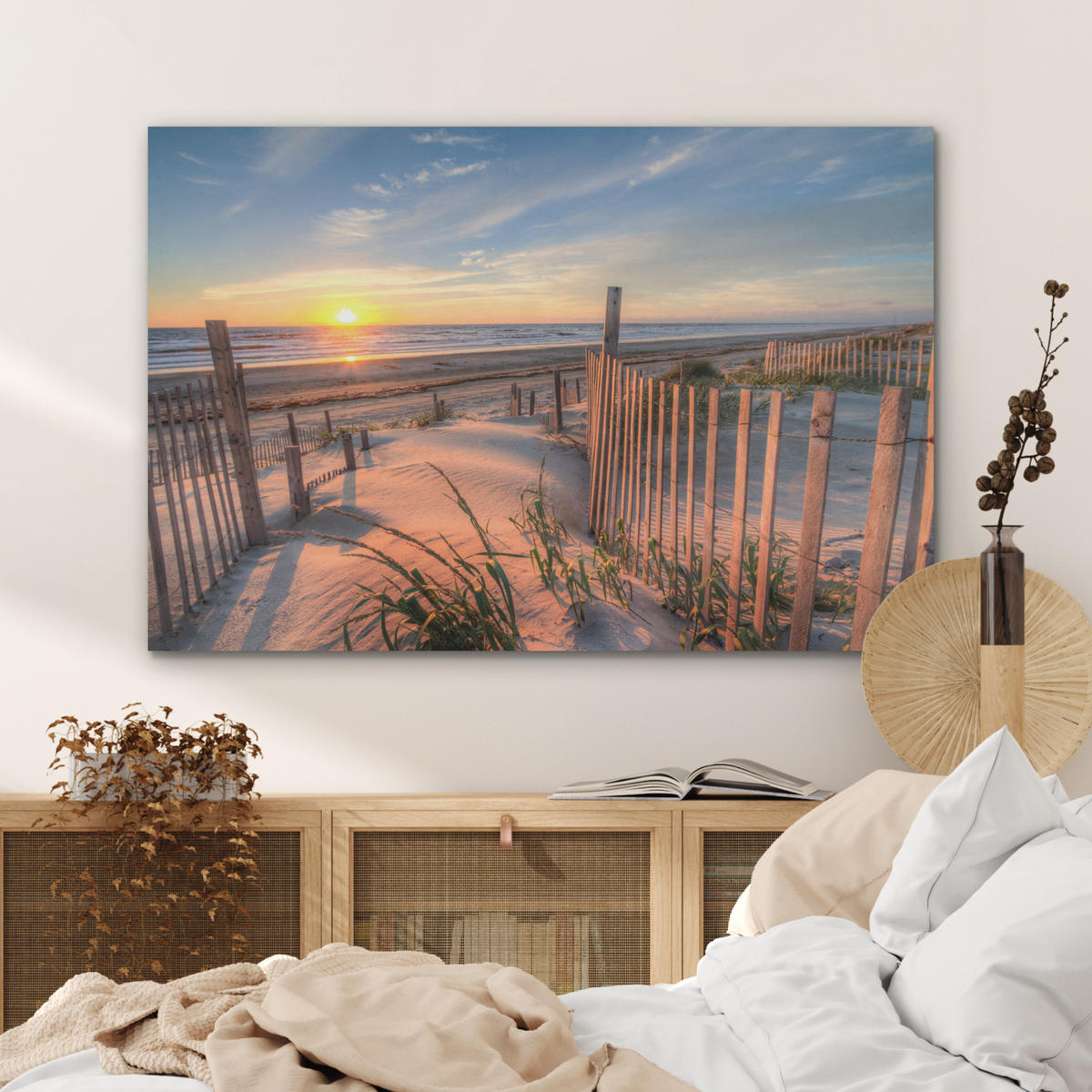 AKUSTIKBILD Strand - Meer - Düne - Sonnenuntergang - Landschaft Akustikpaneele 90x60 cm - Beige, Kunststoff (90/60/0.9cm) - MuchoWow