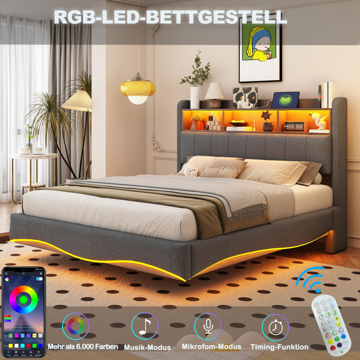 POLSTERBETT 140/200 cm Grau aus Stoff mit LED-Beleuchtung - Grau, Textil (140/200cm) - OKMYHOME