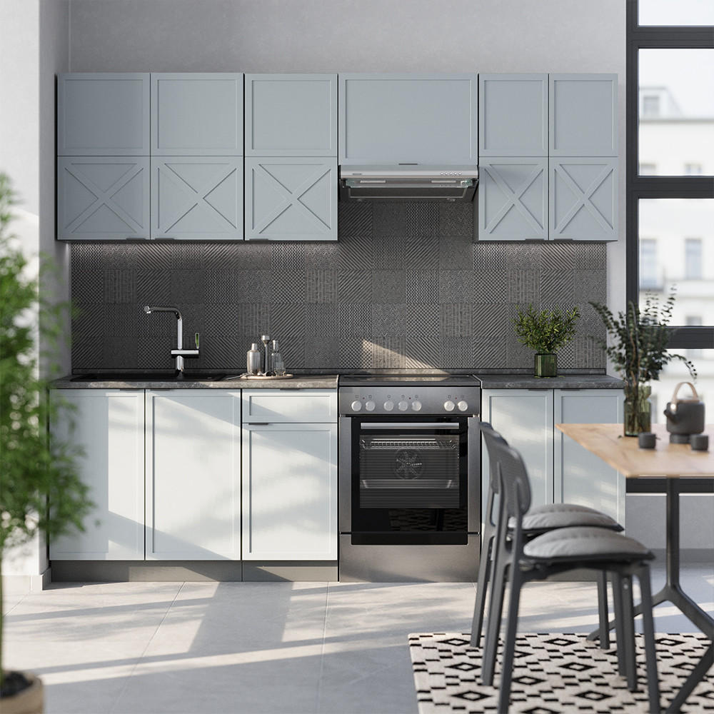 KÜCHENZEILE Fame-Line Hellblau-grau/Anthrazit 240 cm, AP Eiche - Anthrazit/Blaugrau, Holzwerkstoff (240/81.6/60cm) - Vicco