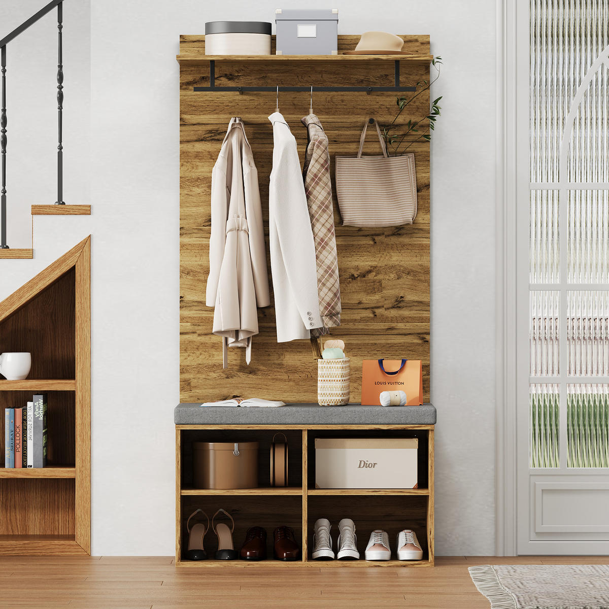 GARDEROBE Set Holzoptik Schuhbank Kleiderstange Regal 175cm - Eichefarben, Holzwerkstoff (84/175/37cm) - FLIEKS