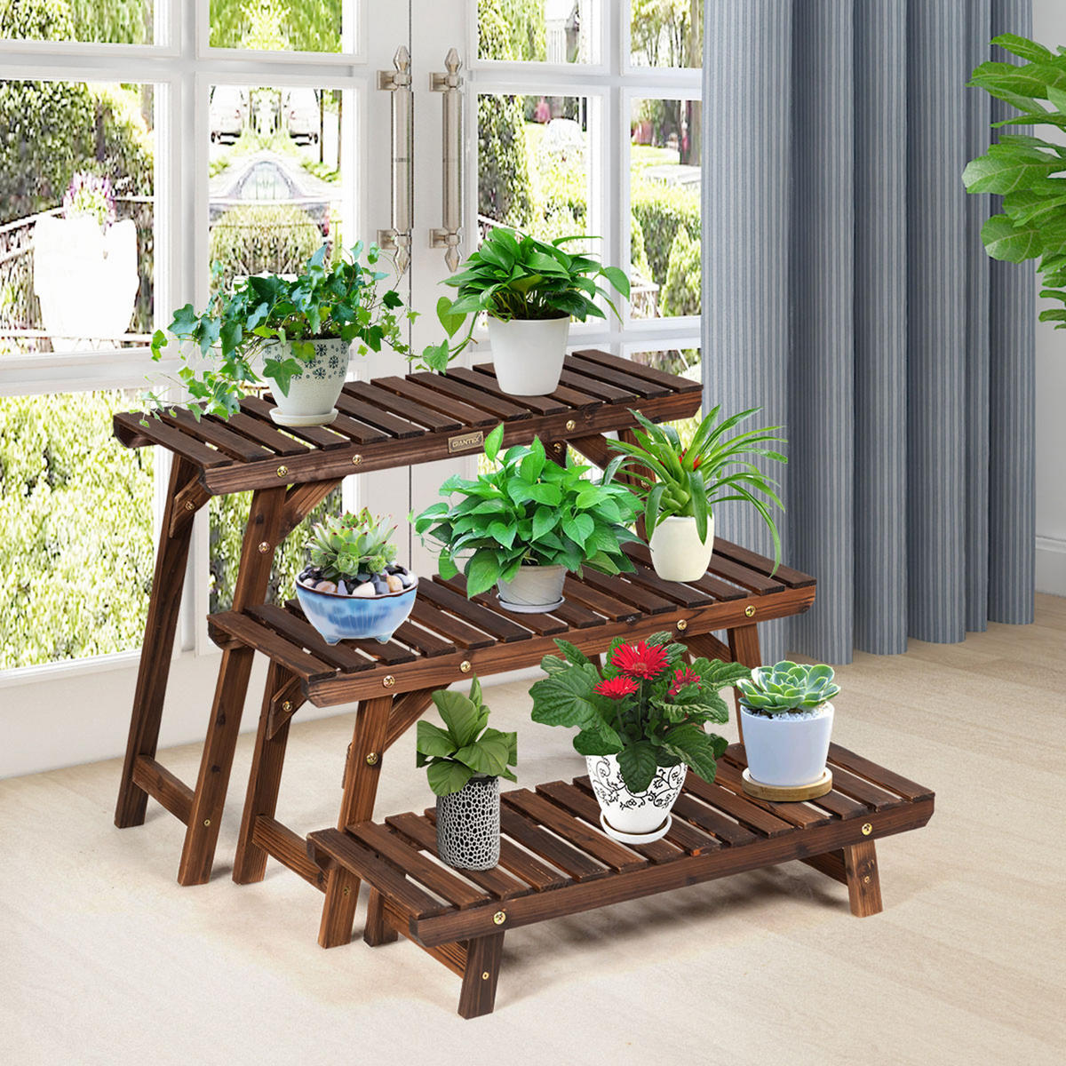 BLUMENREGAL Natürlich - Naturfarben, Holz (27/53/70cm) - COSTWAY