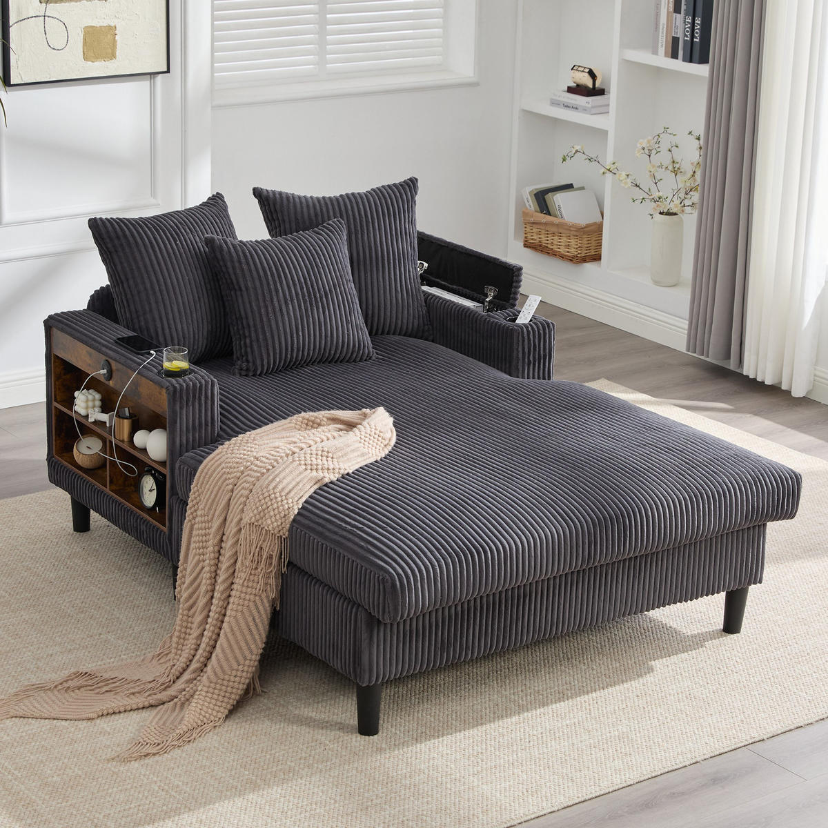 RELAXLIEGE XXL Polsterliege,Relaxsessel,Cord,Dunkelgrau - Grau, Textil (129/70/170cm) - LVHOM