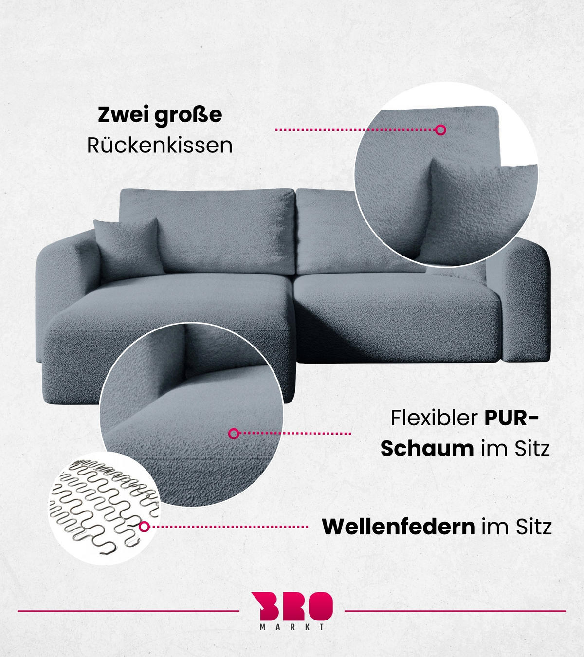 ECKSOFA Kornel mit Schlaffunktion Grau Boucle - Grau, Textil (248/165cm) - Bromarkt