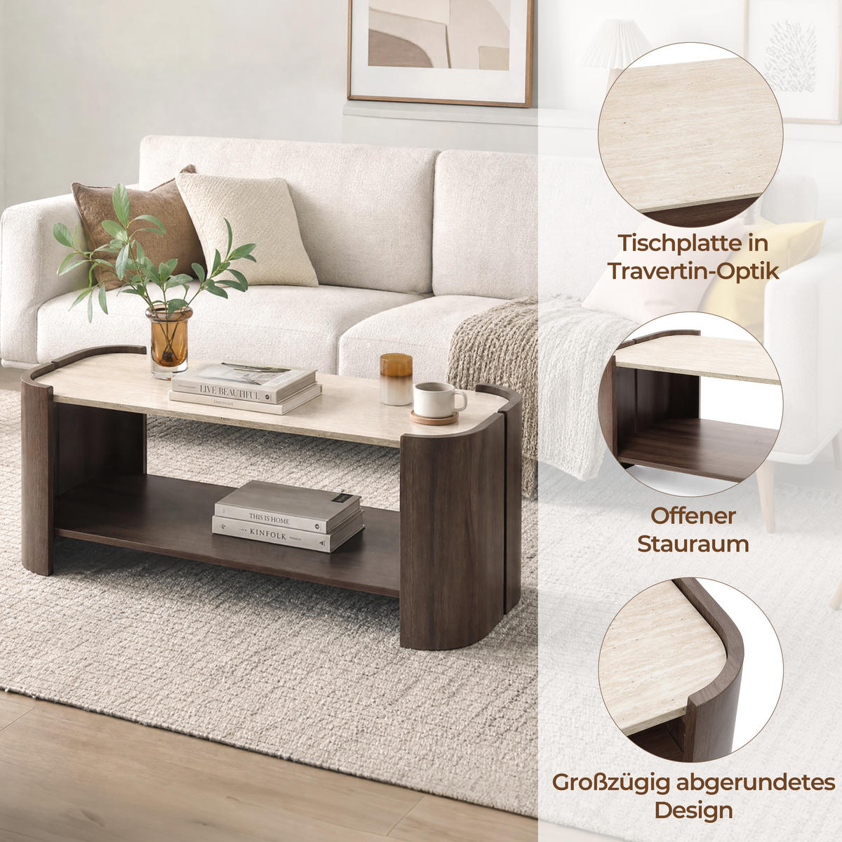 COUCHTISCH Holz Walnuss mit Travertin-Optik, 104 × 54 × 43 cm - Walnussfarben, Holzwerkstoff (54/104/43cm) - Hometopia