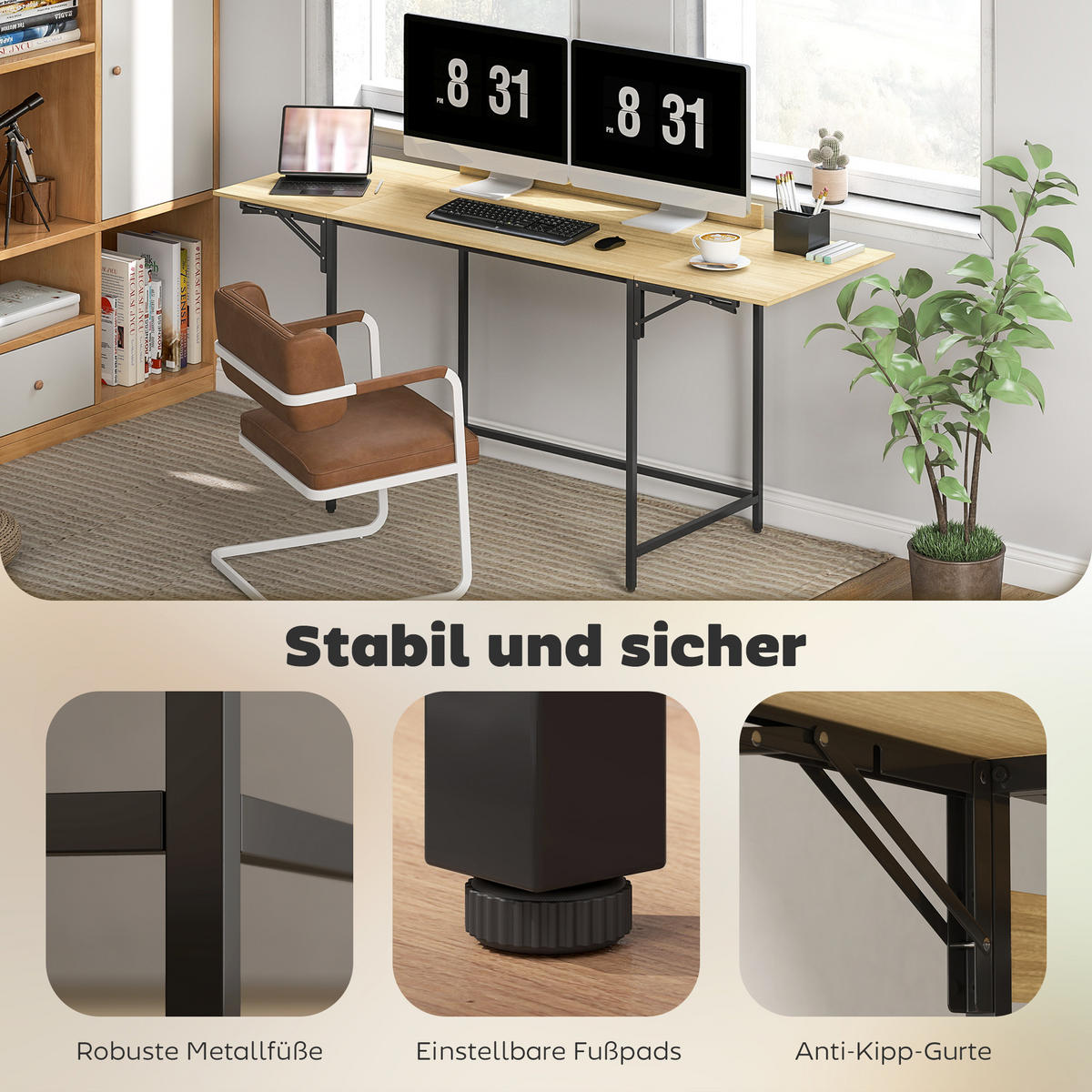 SCHREIBTISCH Klappbar Computertisch Bürotisch mit Modern-Design, Metallgestell - Eichefarben/Schwarz, Holzwerkstoff/Metall (170/58/78cm) - HOMCOM