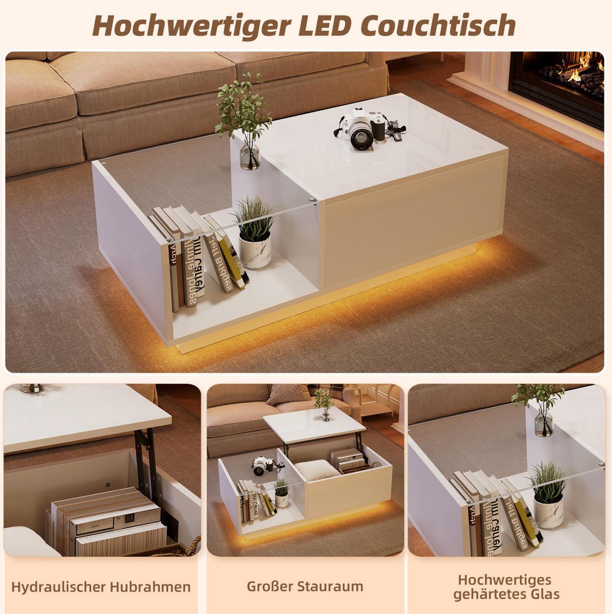 COUCHTISCH 100/50/33 cm weiß aus Spanplatte mit LED-Beleuchtung und höhenverstellbarer Platte - Weiß, Holzwerkstoff (100/50/33cm) - OKMYHOME