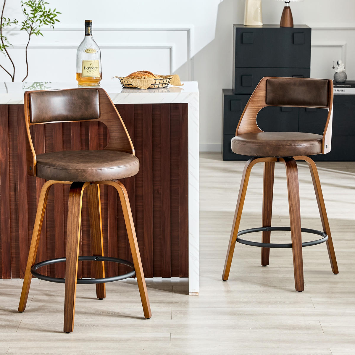 BARHOCKER Braun 2er-Set mit Holzgestell PU-Leder und Rückenlehne - Braun, Holz (47/92/47cm) - PANGIVO