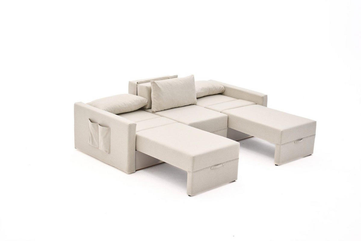 ECKSCHLAFSOFA mit Hocker - Beige/Creme, Holz/Kunststoff (230/180cm) - myHomelando