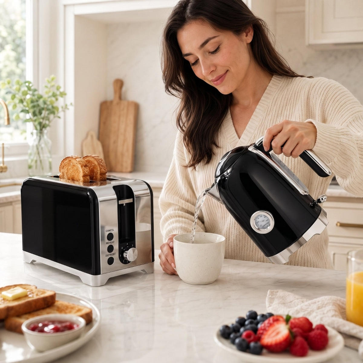 WASSERKOCHER‑SET mit Toaster, 1,7 L elektrischer Wasserkocher & 2‑Scheiben‑Toaster, Retro‑Frühstücksset in Schwarz‑Edelstahl für die Küche - Schwarz, Metall (23.5/24.4/16cm) - Joyfair