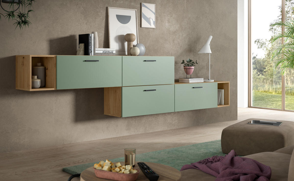 SIDEBOARD grün, Eiche Artisan 277 cm, Kommode mit Soft-Close - Schwarz/Eiche Artisan, Holzwerkstoff/Kunststoff (277/65/34cm) - Inn.Furn