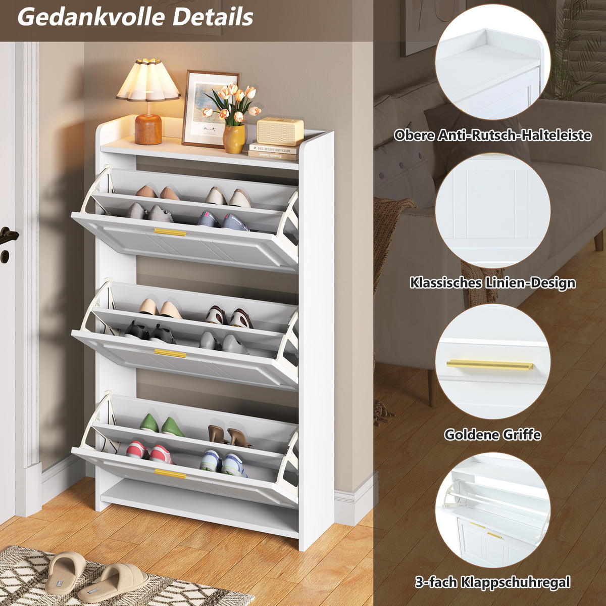 SCHUHSCHRANK mit Klappen 70/24/120 cm in Weiß, schmales Design mit 6 Fächern - Weiß, Holzwerkstoff (70/120/24cm) - BEAOK