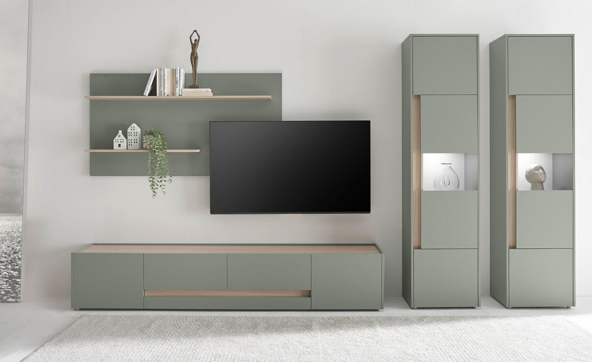WOHNWAND Salbei grün, Eiche Barista Set 4-teilig, Wohnkombination mit XL-TV-Schrank 400 cm - Salbeigrün/Eichefarben, Glas/Holzwerkstoff (400/197/45cm) - Furn.Design