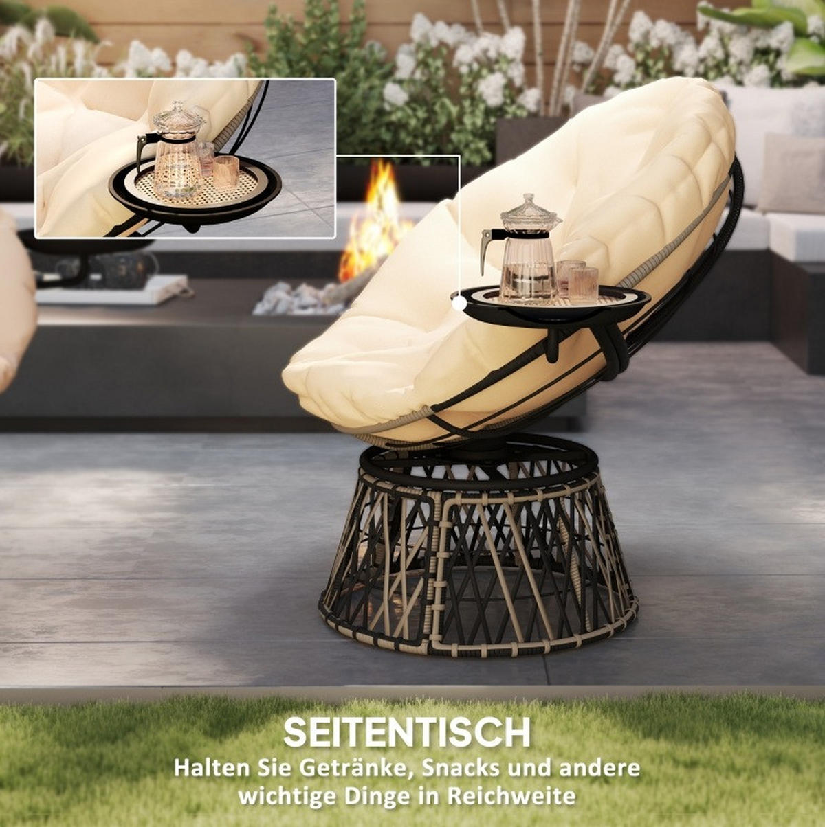 GARTENSTUHL aus Rattan 118x76x88 cm in Beige mit 360° Drehfunktion & Seitentablett - Beige, Metall (118/88/76cm) - Modfu