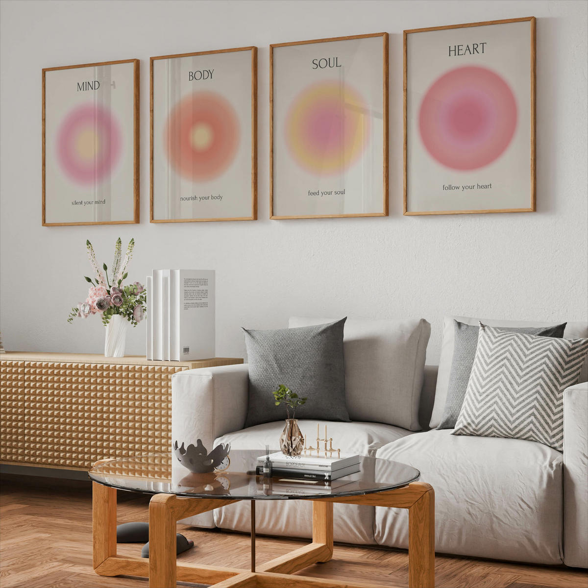 PLAKÁT Sada Aura Afirmace Mysl Duše Tělo Srdce 4x A3 30x42 cm - různobarevná, papír (30/42/42cm) - Muralo