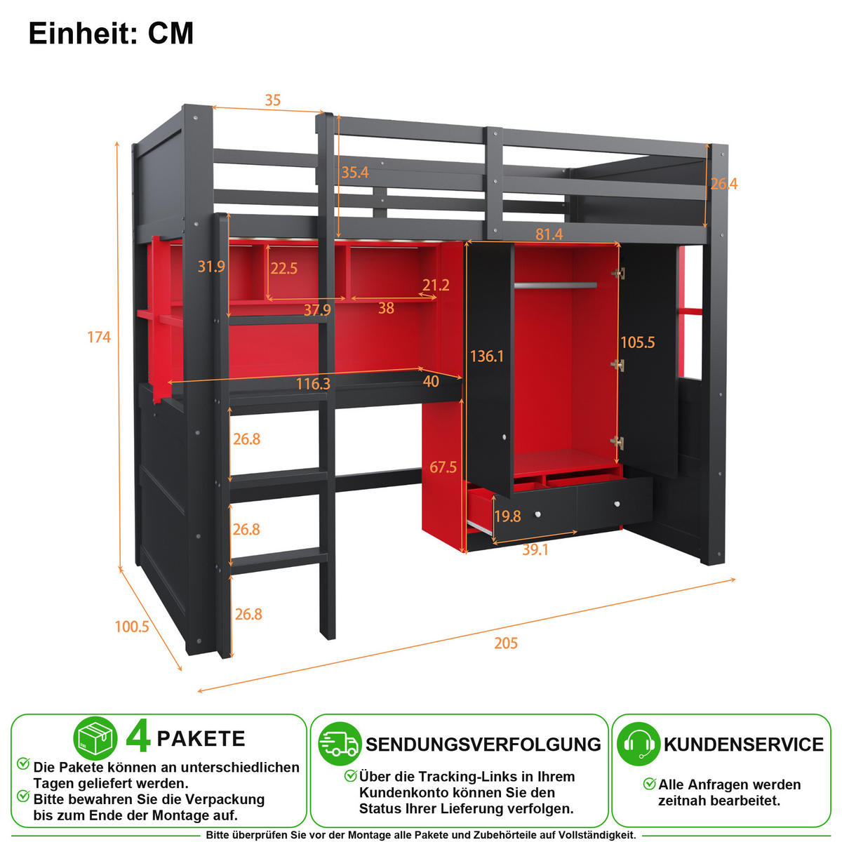 HOCHBETT 90/200 cm in Schwarz & Rot mit Leiter, Schreibtisch, Kleiderschrank, Schubladen, LED - Rot/Schwarz, Holz/Holzwerkstoff (90/200cm) - CHICFURN