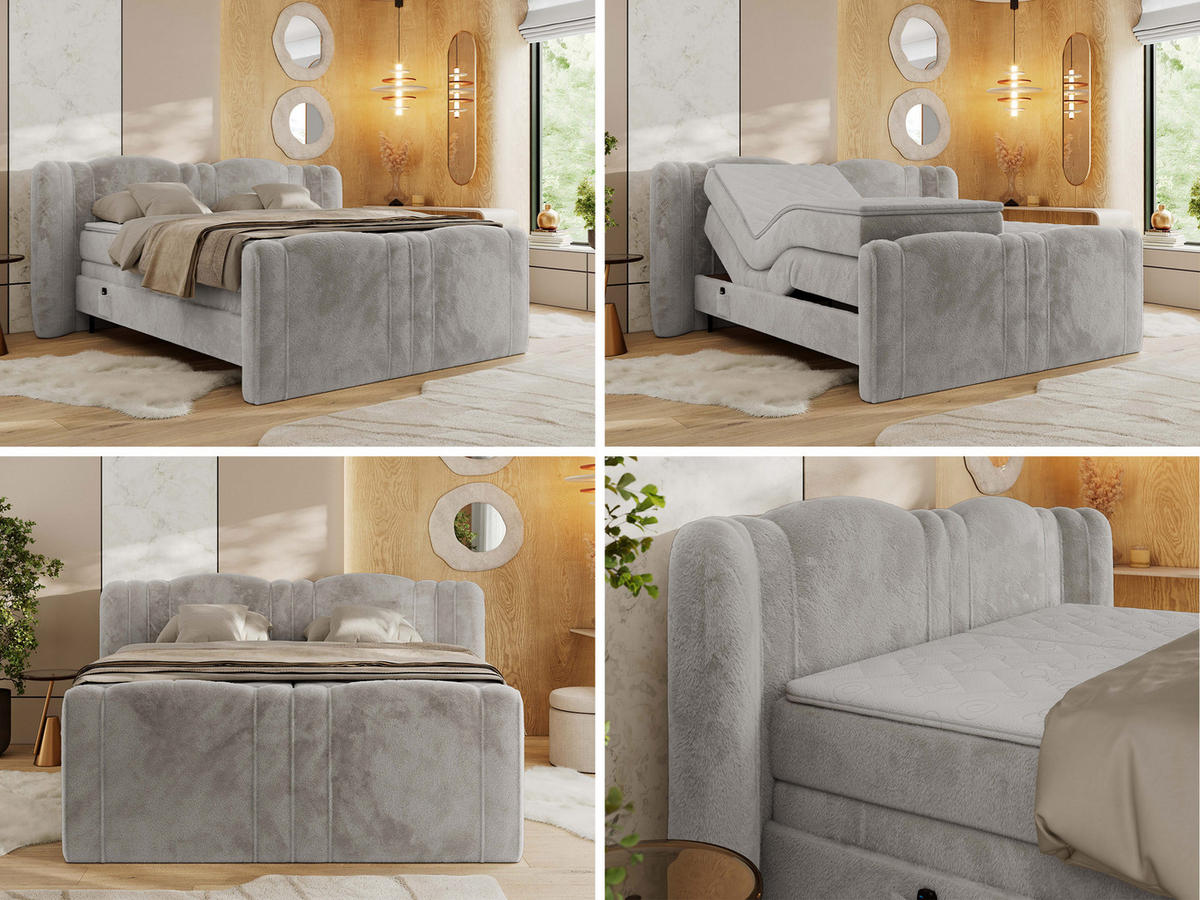 BOXBETT FORTINA 140/200 - Hellgrau Plüsch - H3 - Hellgrau, Holz/Textil (140/200cm) - MKS