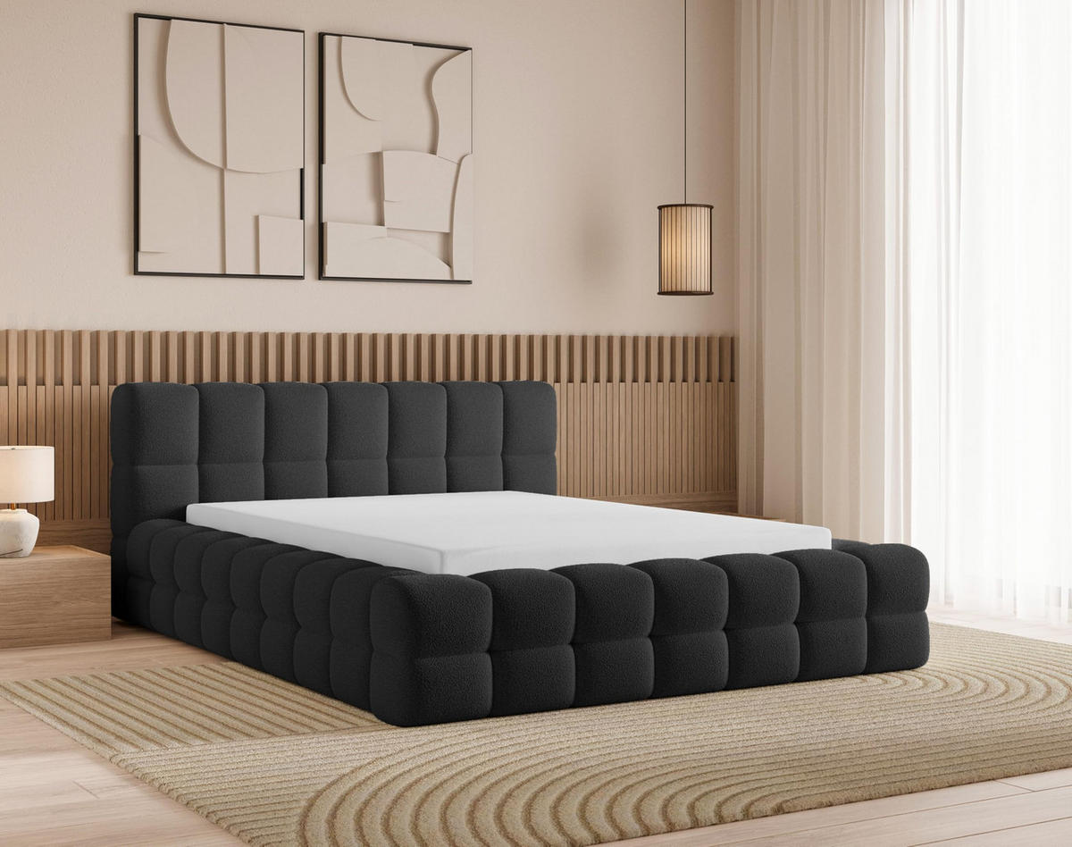 POLSTERBETT 180x200 mit Bettkasten, Lattenrost und Kopfteil, Eleganter Bouclé-Stoffbezug Schwarz - Schwarz, Holz (180/200cm) - Chilly