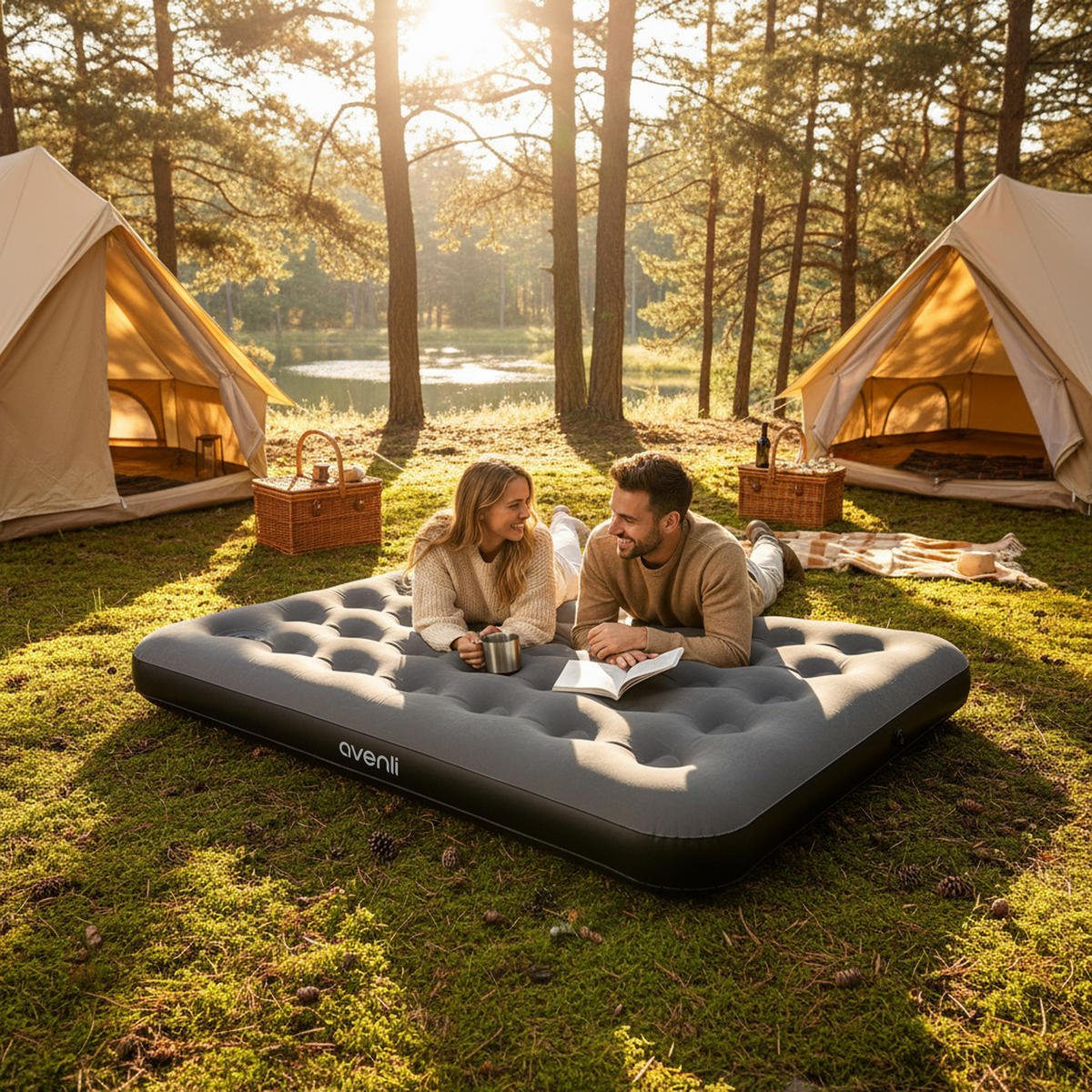 LUFTBETT Luftmatratze Camping CloudCoil grau mit Fußpumpe 191x137x22cm - Grau, Kunststoff (137/191cm) - Avenli