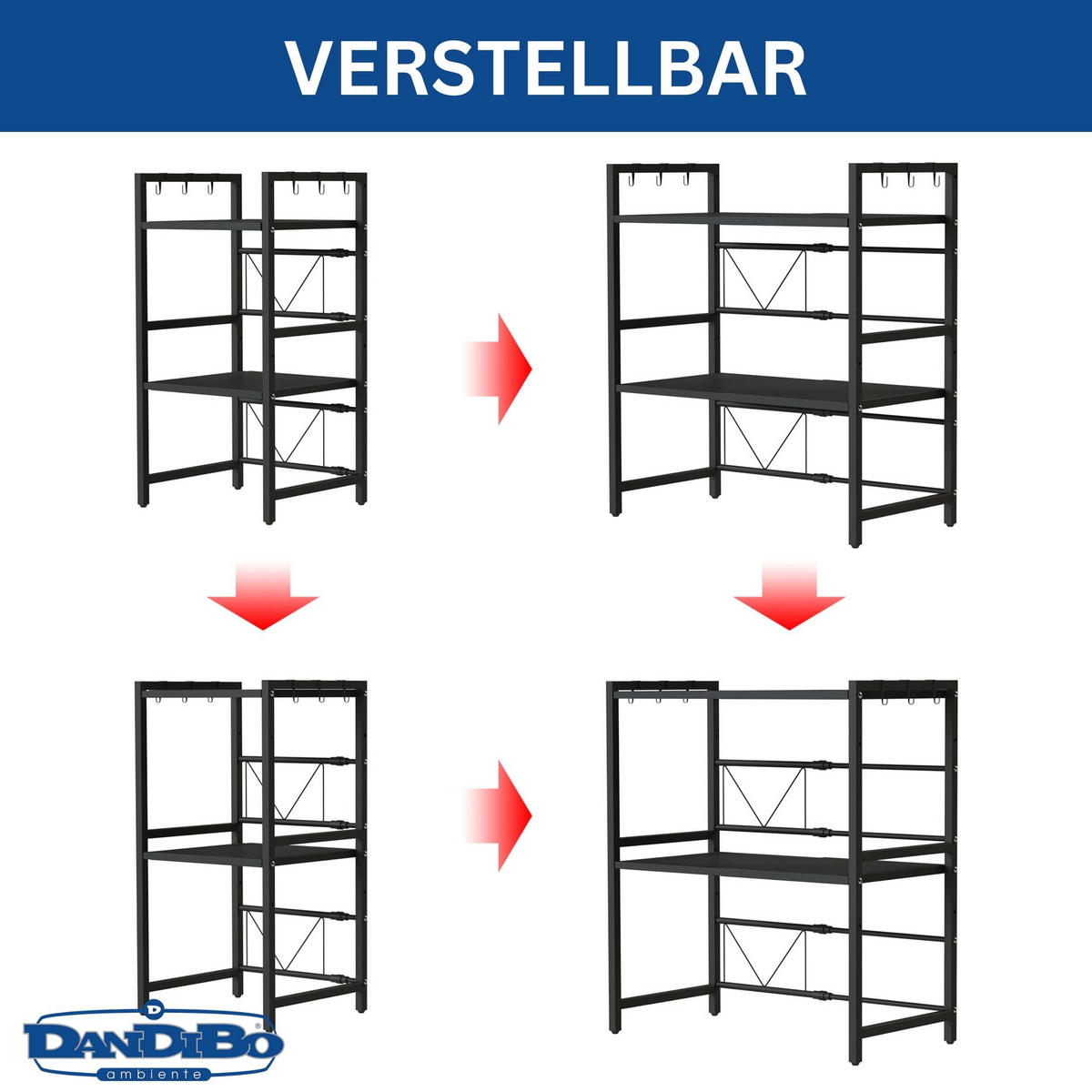 MIRKOWELLENREGAL 3 Stufig Verstellbar 40 - 64 cm Metall - Schwarz, Metall (64/78/36cm) - DanDiBo