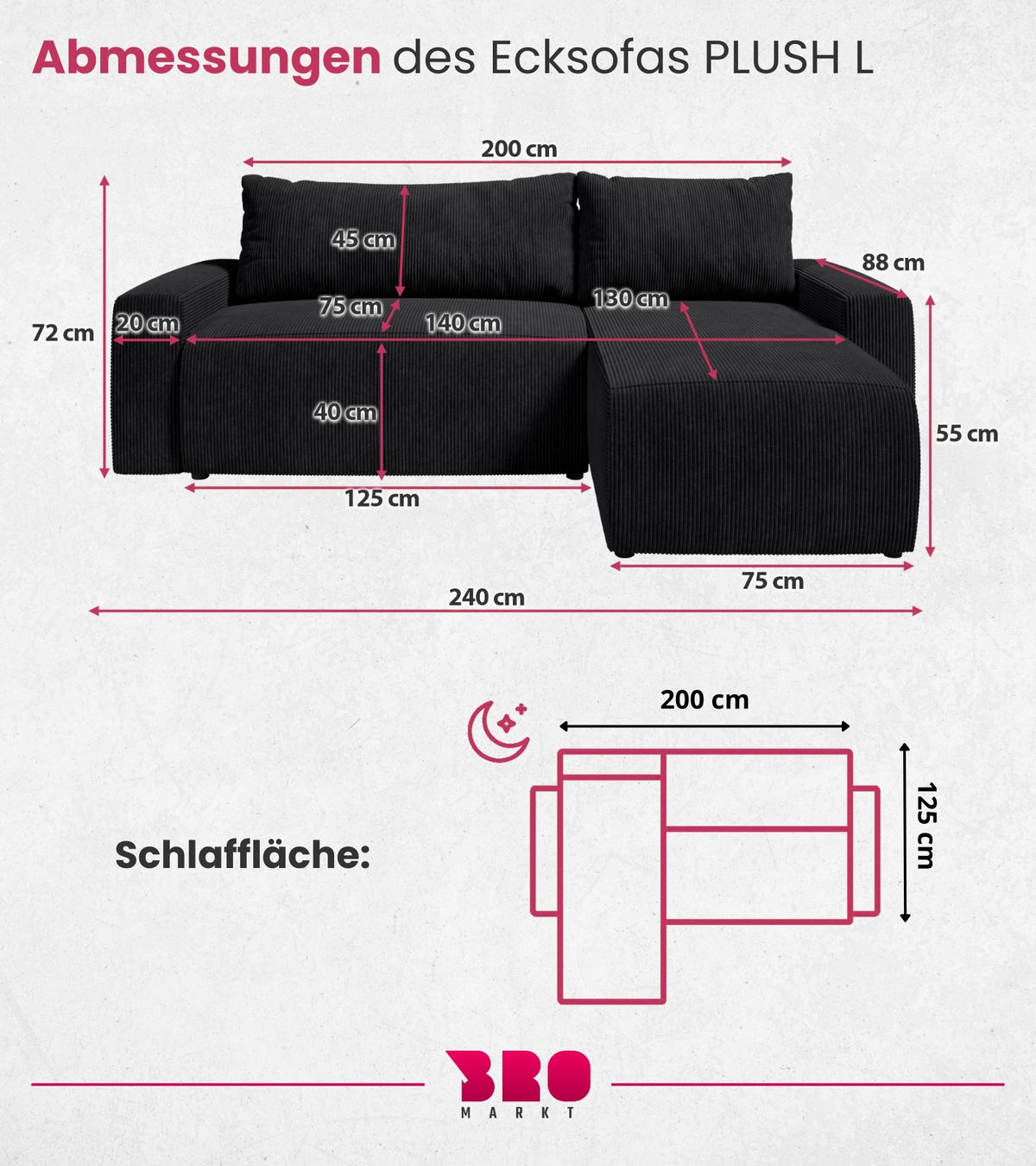 ECKSOFA PLUSH mit Schlaffunktion Schwarz Cord - Schwarz, Textil (240/145cm) - Bromarkt