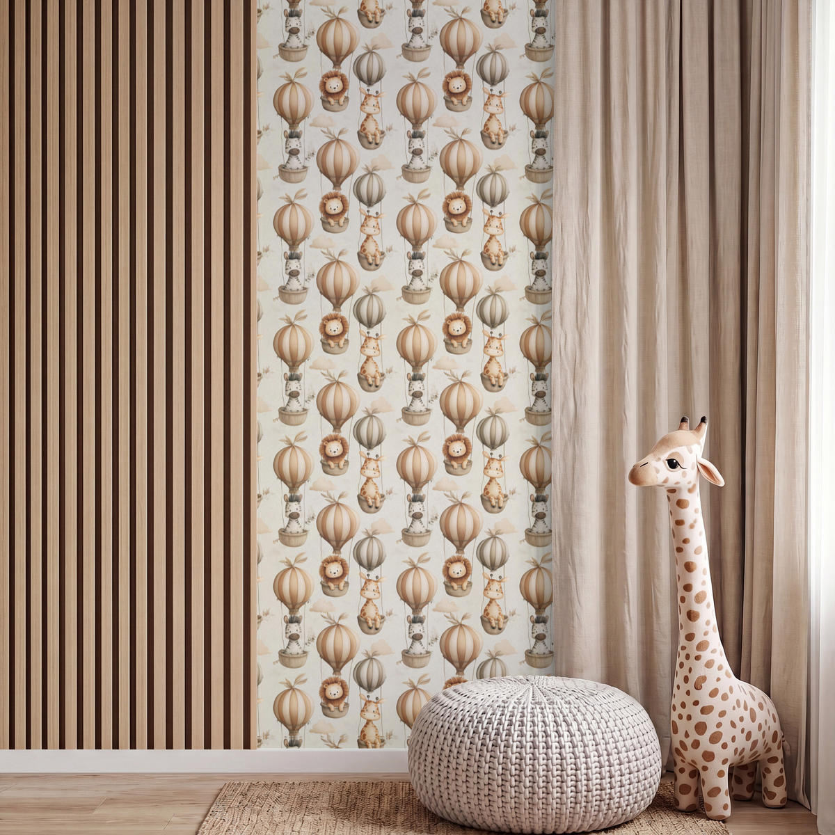 KINDERTAPETE - Safari - Heißluftballons - Taupe - 100x280 cm - Beige, Papier (100/280cm) - OnlyWow