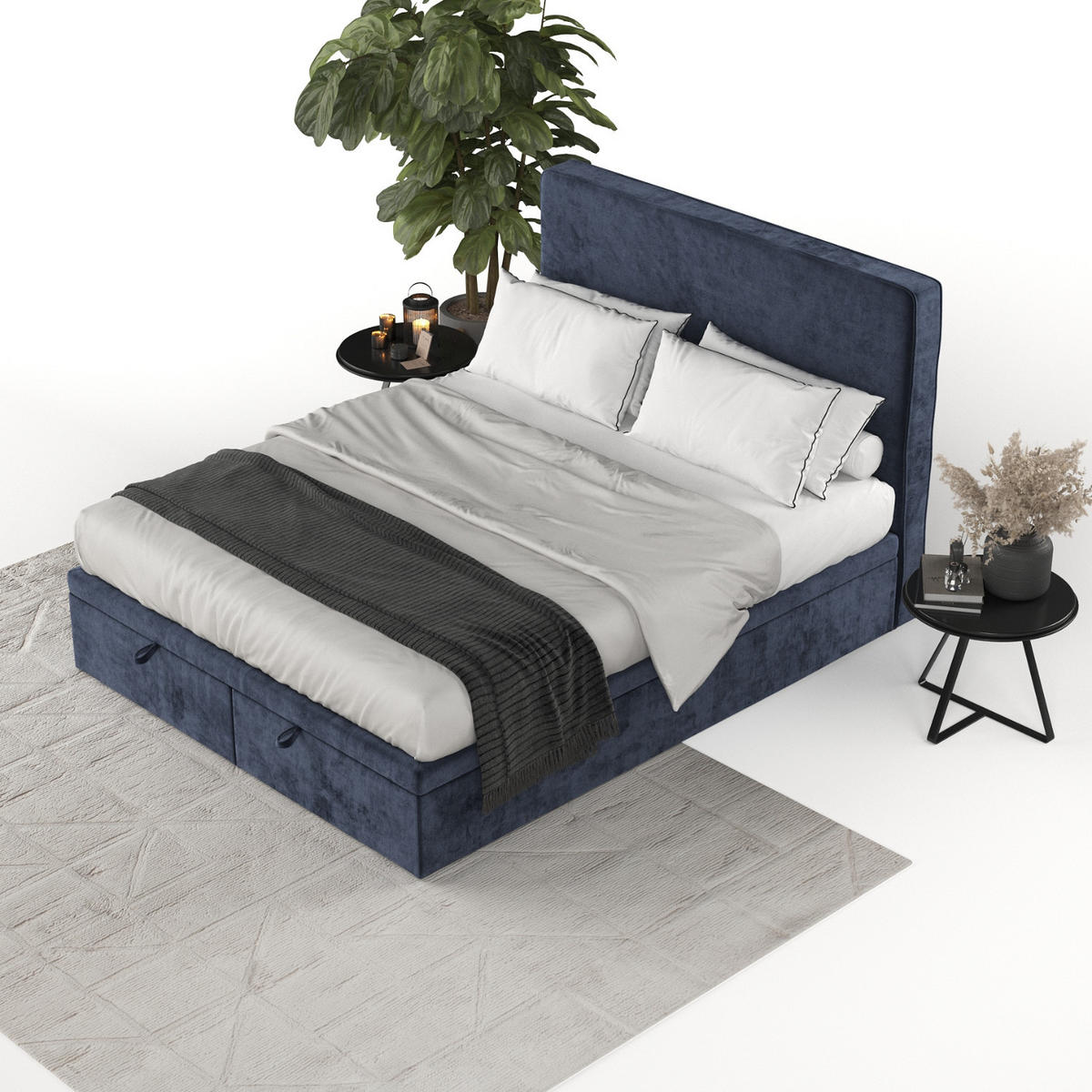 POLSTERBETT Hush mit Stauraum 180/200 cm Marineblau im Lotta Stoff - Schwarz/Dunkelblau, Holz/Holzwerkstoff (180/200cm) - AltaBeds