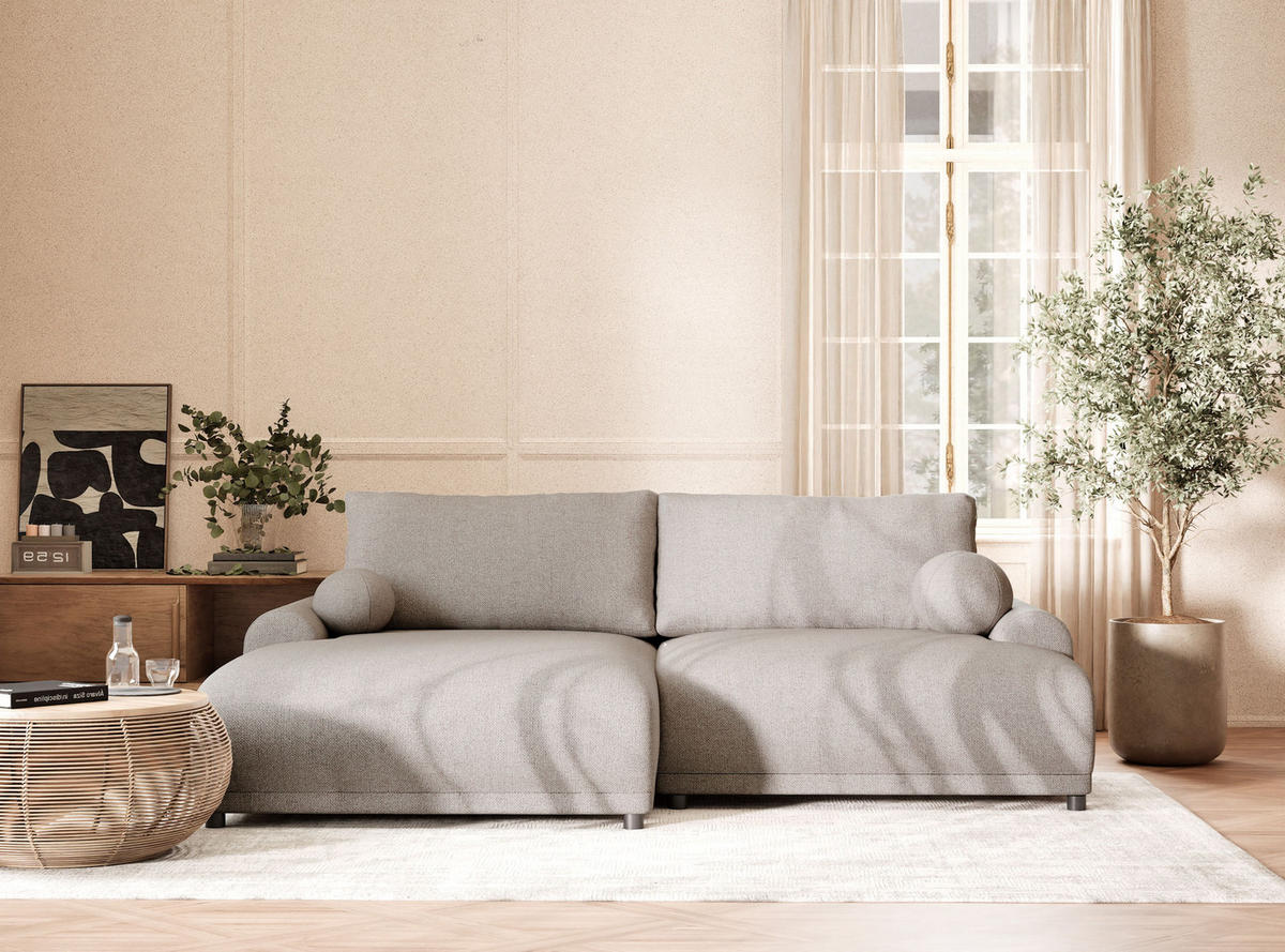 ECKSOFA MIT SCHLAFFUNKTION Tallin Seidengrau Webstoff - Links Seite - Greige/Schwarz, Holz/Holzwerkstoff (145/240cm) - Maison de Reve