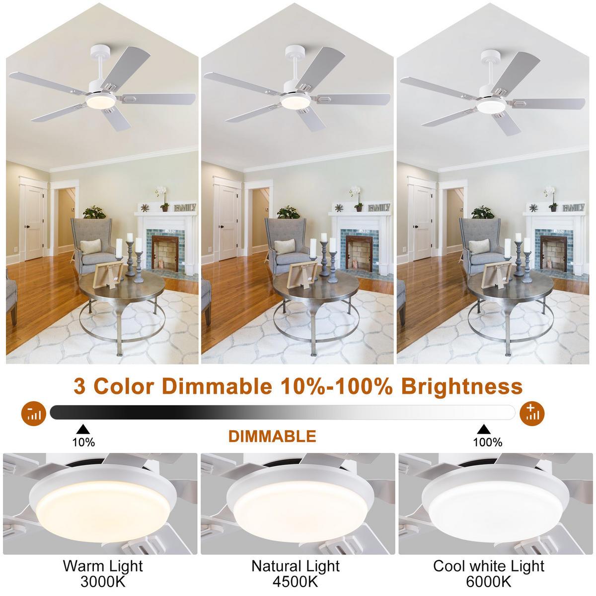 DECKENVENTILATOR 52Zoll LED Licht 5 Flügel Doppelfinish Weiß Holz - Weiß, Kunststoff (132/132/45cm) - CASIVA