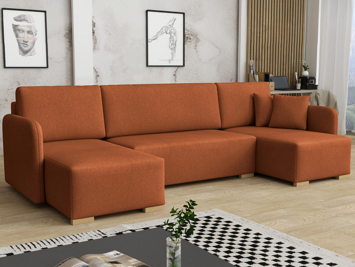 WOHNLANDSCHAFT Como U - Naturfarben/Orange, Holz/Textil (292/85/140cm) - MIRJAN24