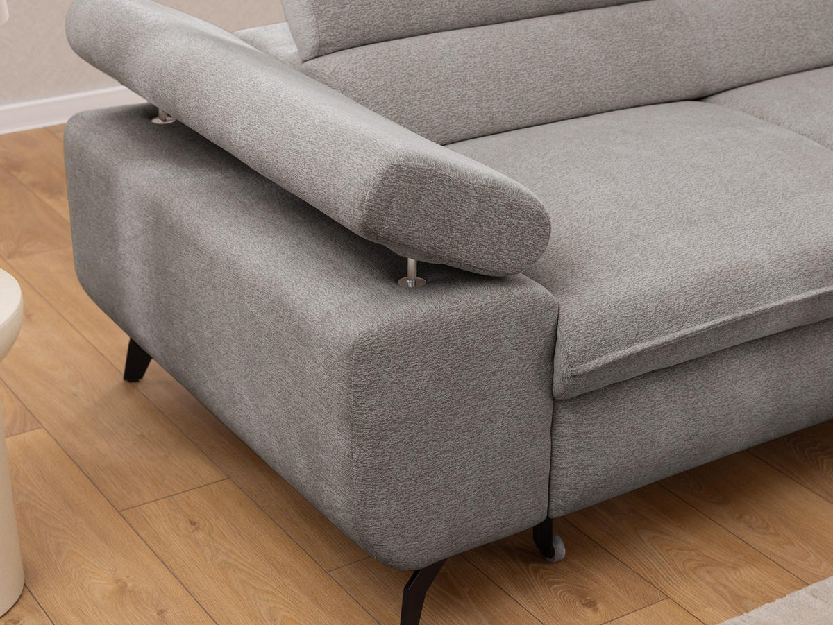 ECKSOFA mit Schlaffunktion und Bettkasten Bonnie aus Hellgrau Chenille-Stoff mit verstellbaren Kopfstützen und Armlehne - Ottomane rechts - Hellgrau/Schwarz, Holz/Textil (275/210cm) - S-Style Möbel