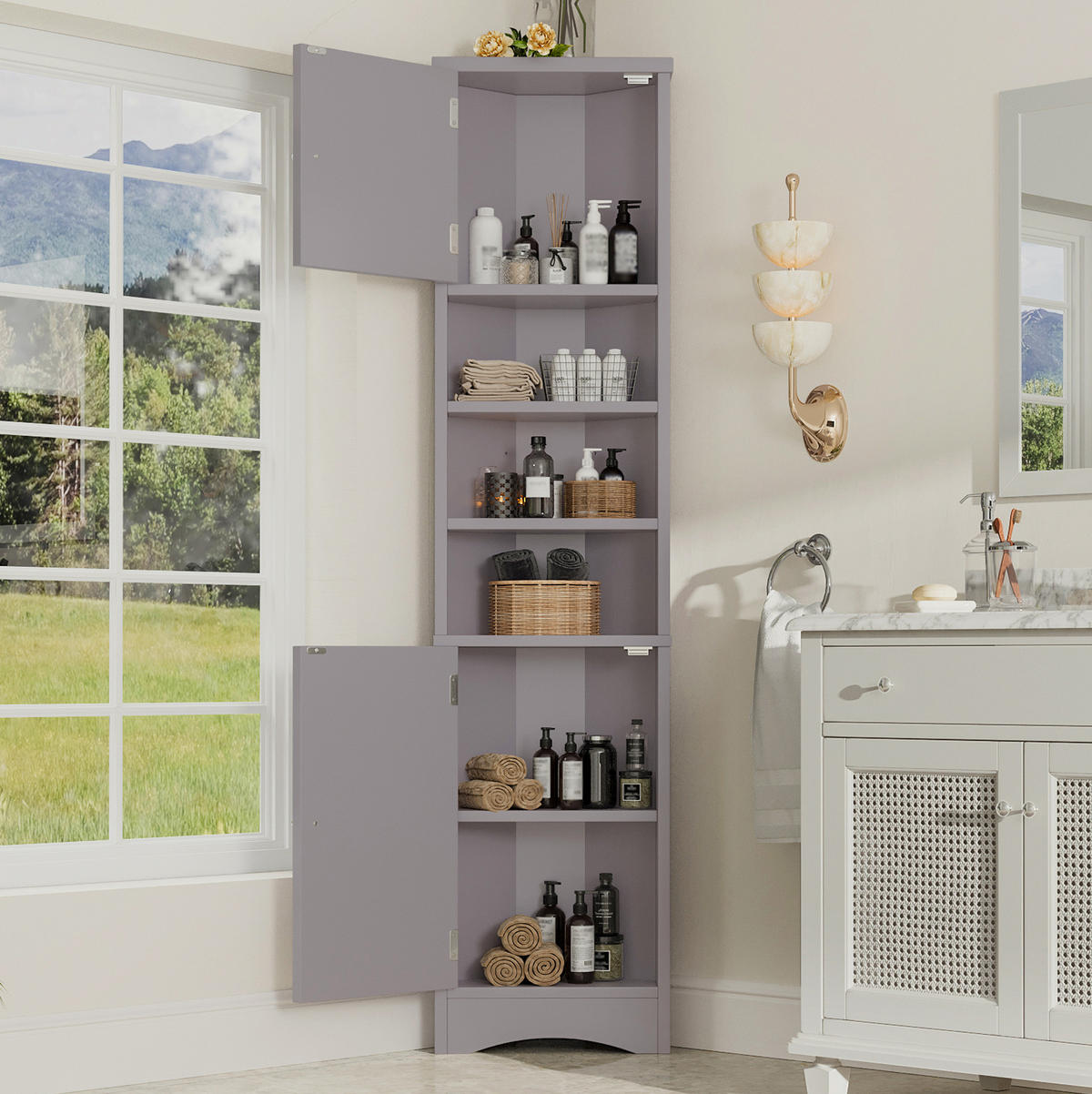 ECKSCHRANK 36.5x24.5x170cm in Grau, mit 2 Türen & verstellbaren Regalen - Grau, Holzwerkstoff (24.5/170/36.5cm) - Modfu