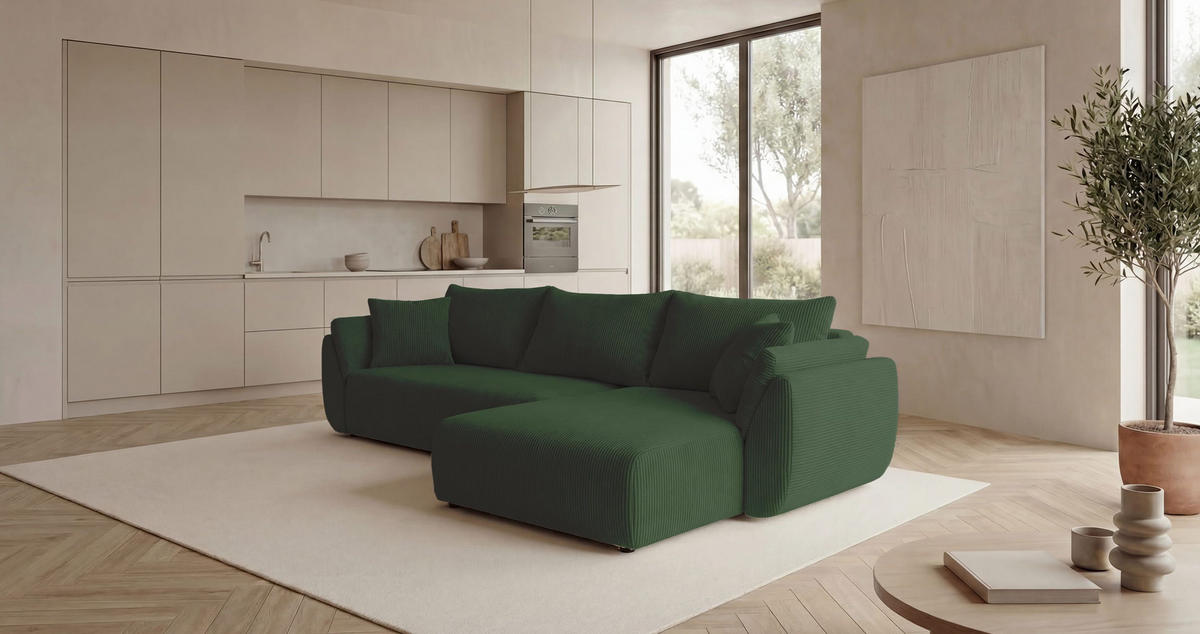 ECKSOFA SYDNEY rechts grün Cord Poso 14 - Schlaffunktion, Bettkasten - Grün, Textil (174/280cm) - Cornero