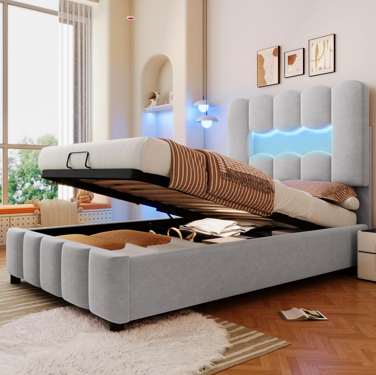 TAPECIRANI krevet 90/200 cm s LED osvjetljenjem, hidrauličnim spremištem i podesivim uzglavljem, Siva - siva, tekstil (90/200cm) - Redom