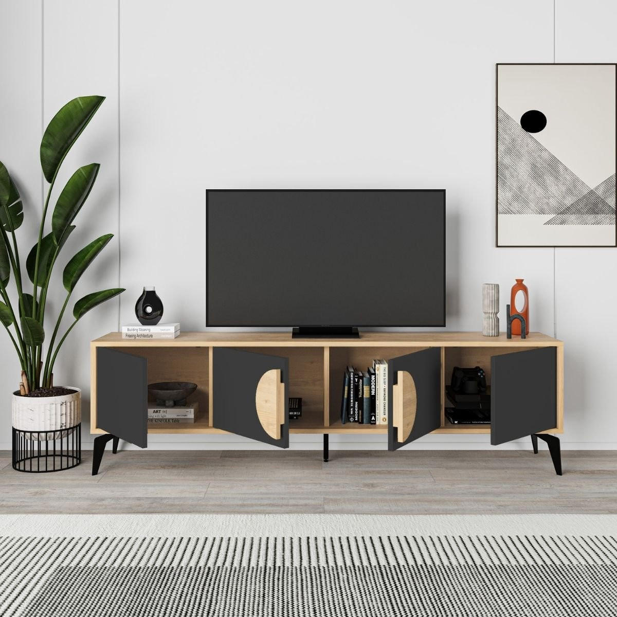 TV-MÖBEL 4 Türen Vae - L180 cm - Eiche Artisan/Grau, Holzwerkstoff (35/51/180cm) - Calicosy