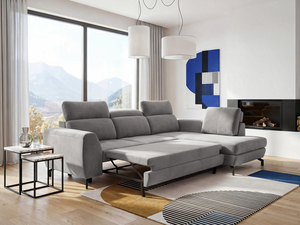 ECKSOFA ANTE Rechts, mit Schlaffunktion und Bettkasten, Grau - Grau, Textil/Metall (266/184cm) - Idohome