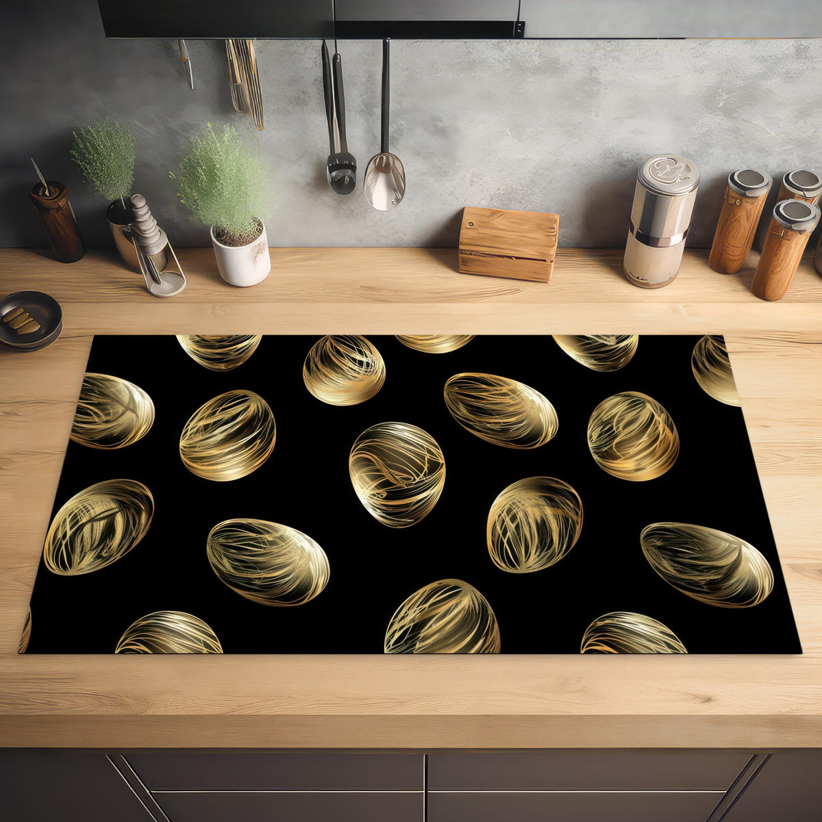 HERDABDECKPLATTE Eier - Gold - Muster Ceranfeldabdeckung 90x52 cm - Schwarz, Kunststoff (90/52/0.2cm) - MuchoWow