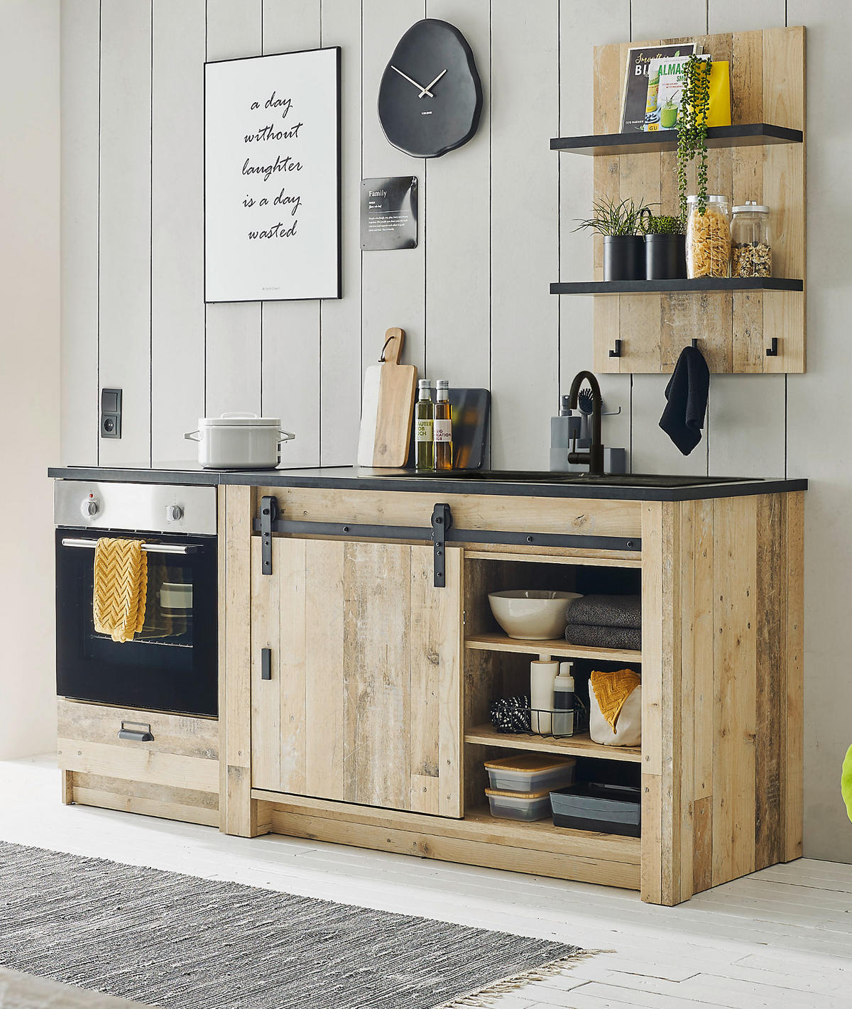 HERDUMBAUSCHRANK used wood hell, anthrazit, 60 cm, Küche Unterschrank mit Schublade und Soft-Close - Anthrazit/Schwarz, Holzwerkstoff/Metall (63/93/64cm) - Furn.Design